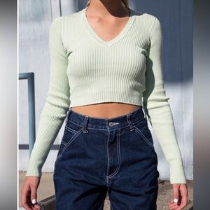 Brandy Melville Mint Green V-Neck Pullover Sweater One Size